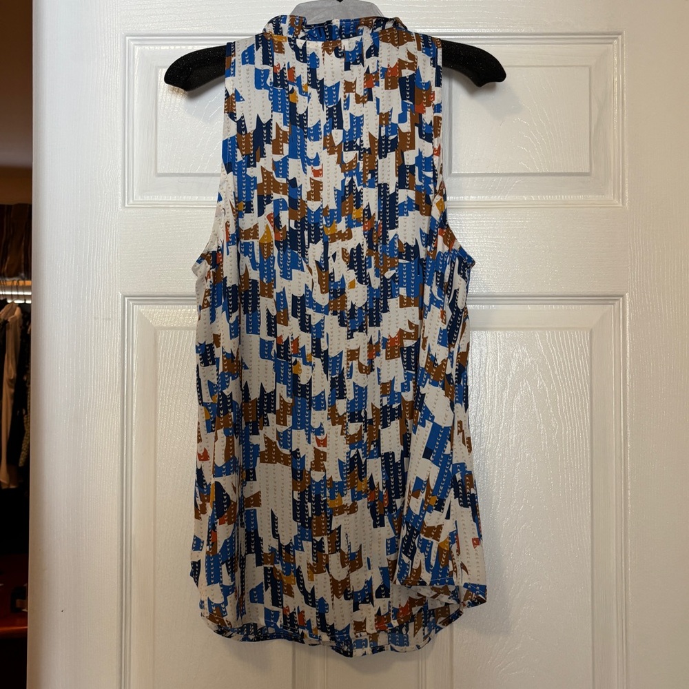 CAbi Jigsaw Top Blue and Brown Geometric Sleeveless Blouse - Picture 5 of 8